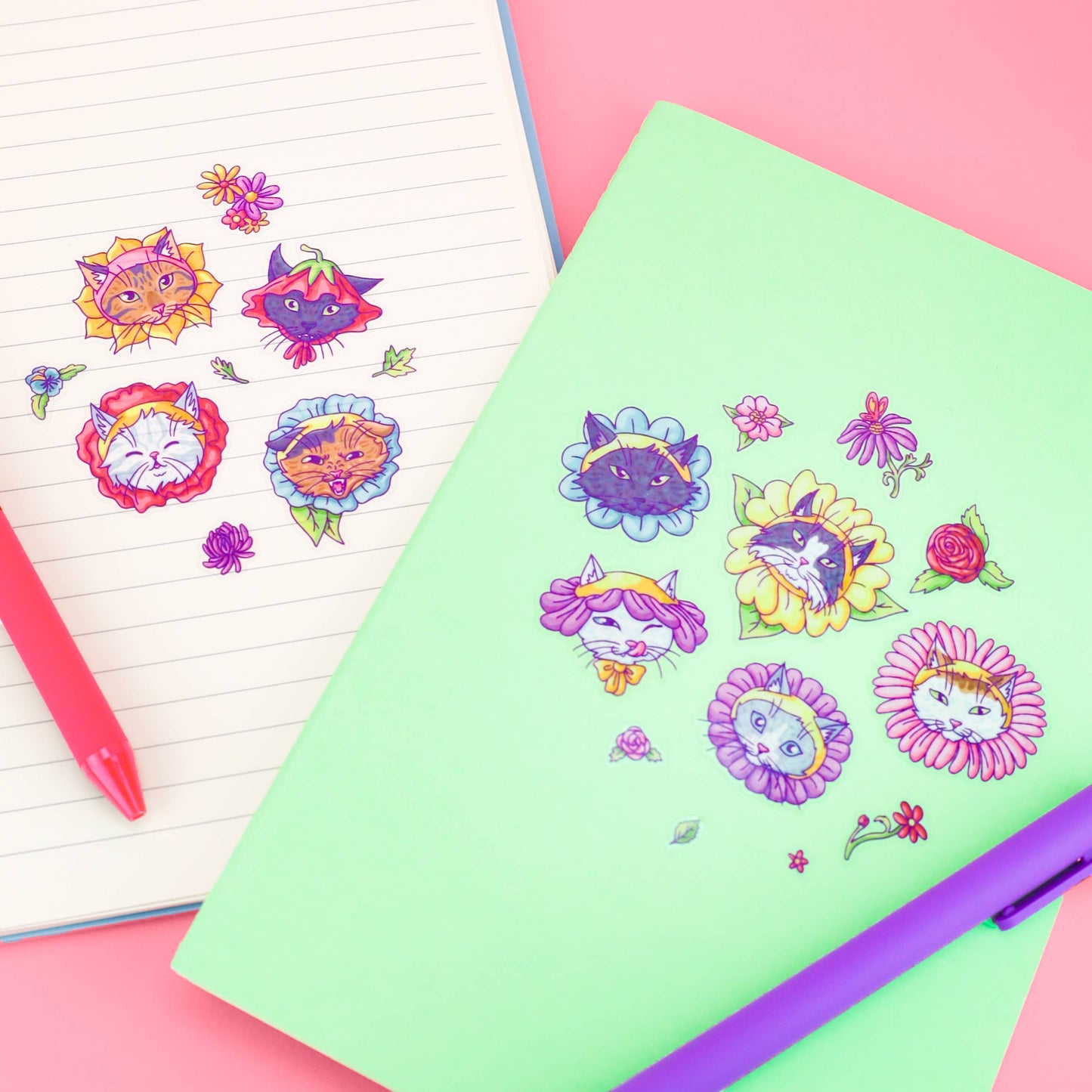Cats in Flower Hats Glitter Sticker Sheet