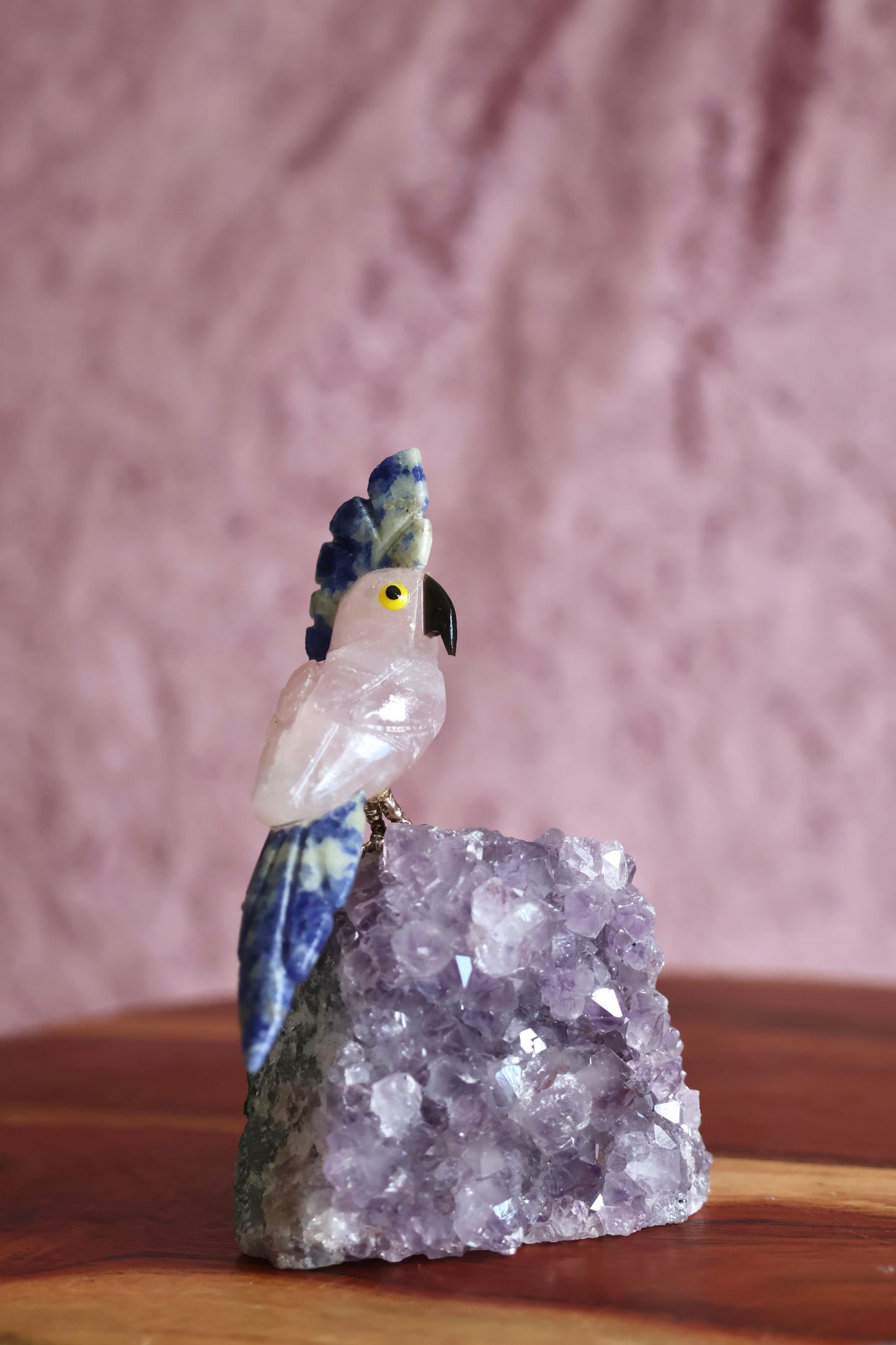 Rose Quartz Bird on Amethyst