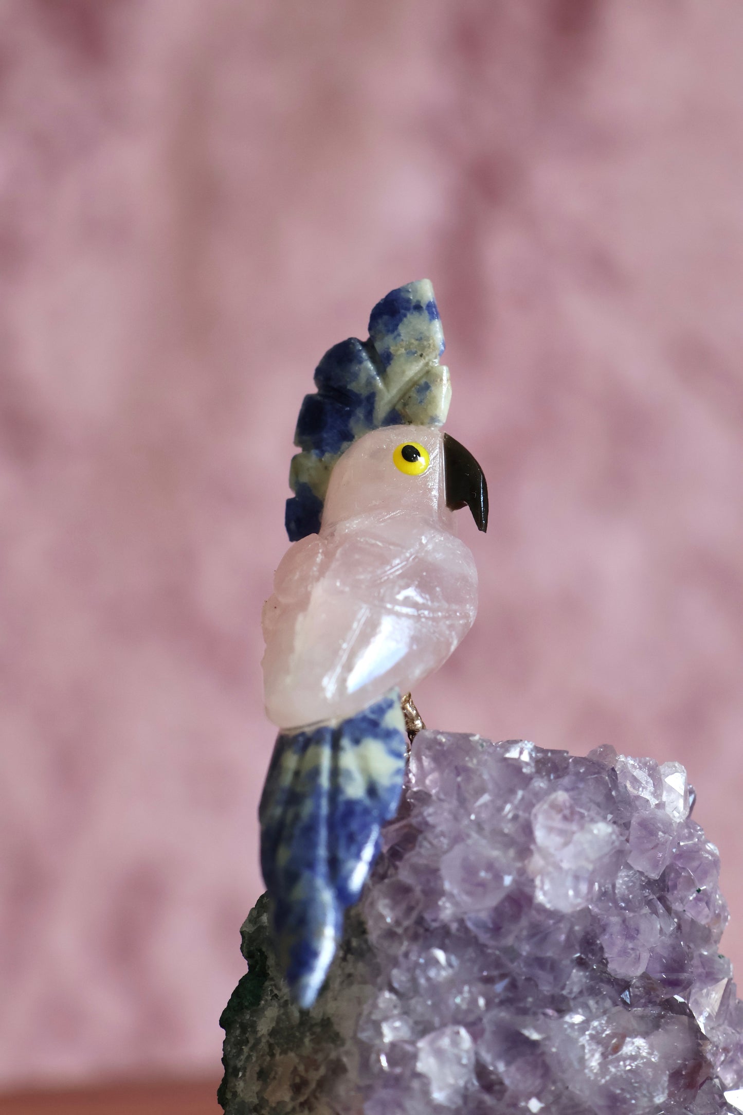 Rose Quartz Bird on Amethyst