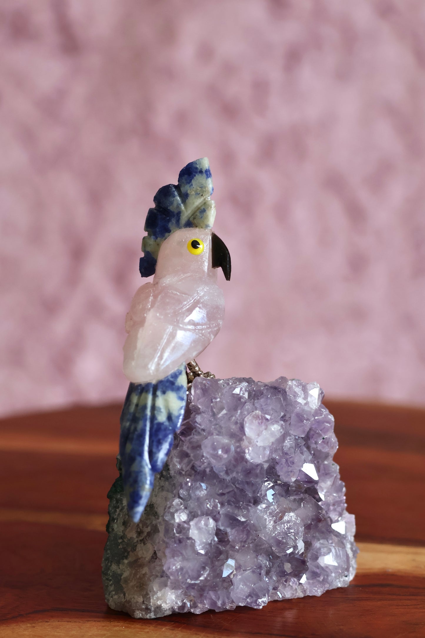 Rose Quartz Bird on Amethyst