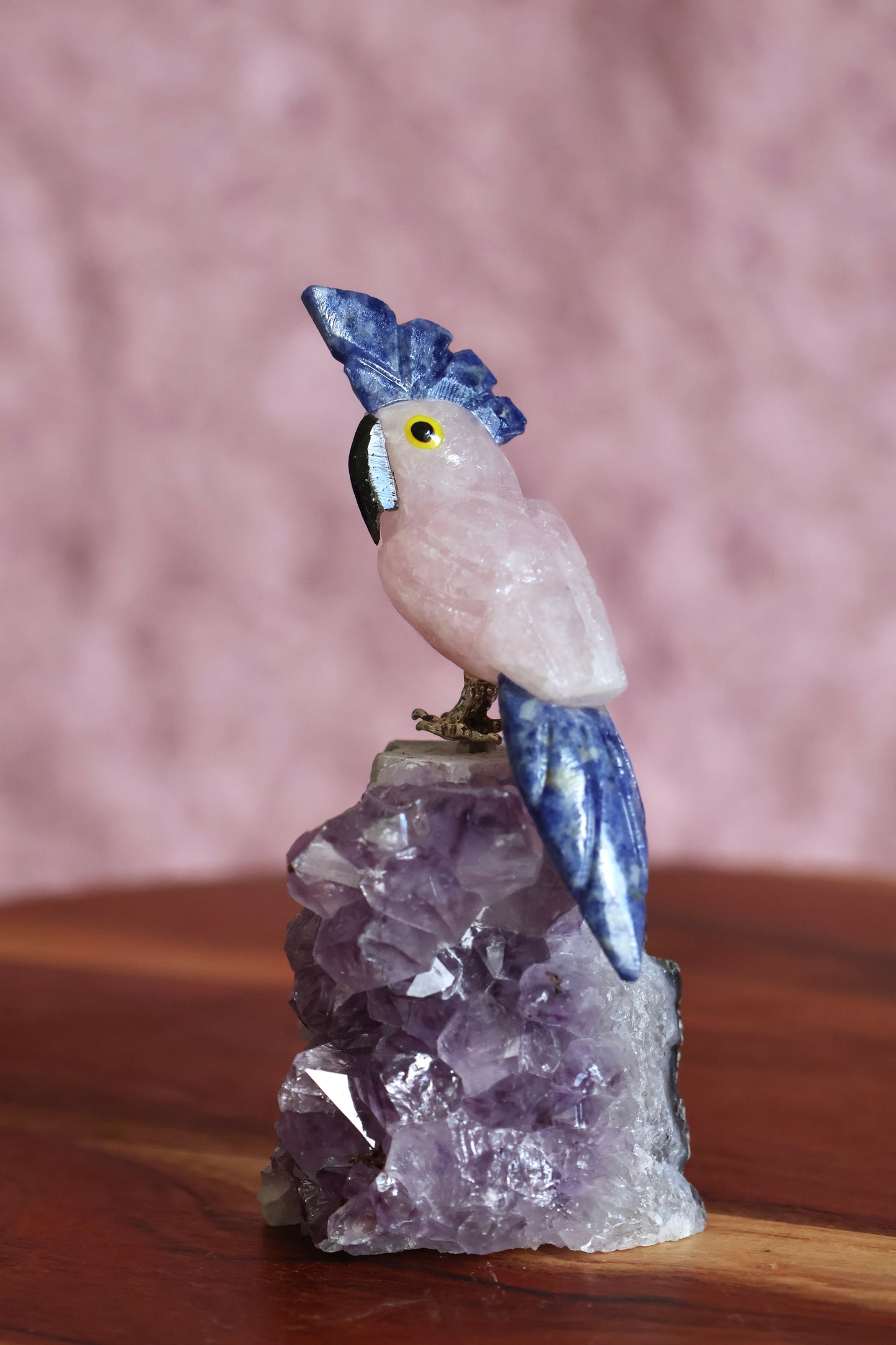 Rose Quartz Bird on Amethyst
