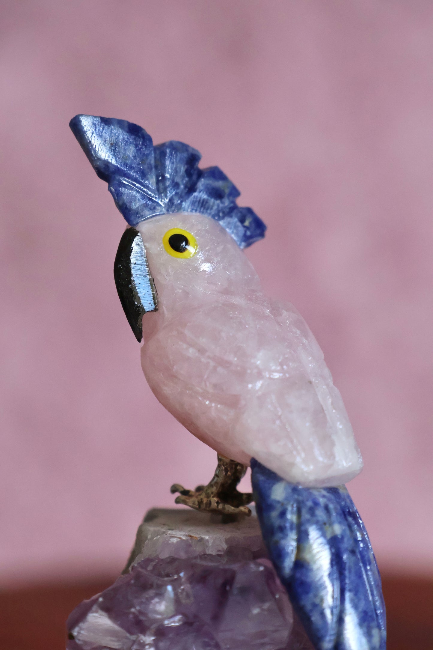Rose Quartz Bird on Amethyst