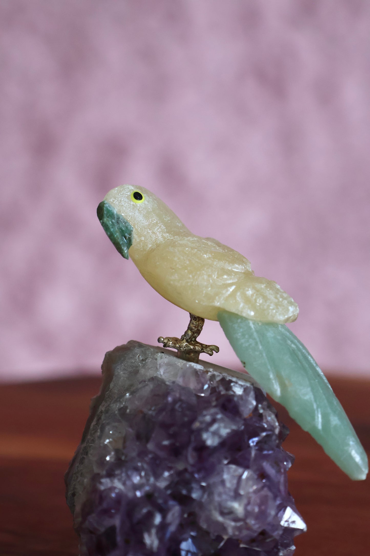 Yellow Calcite Bird on Amethyst