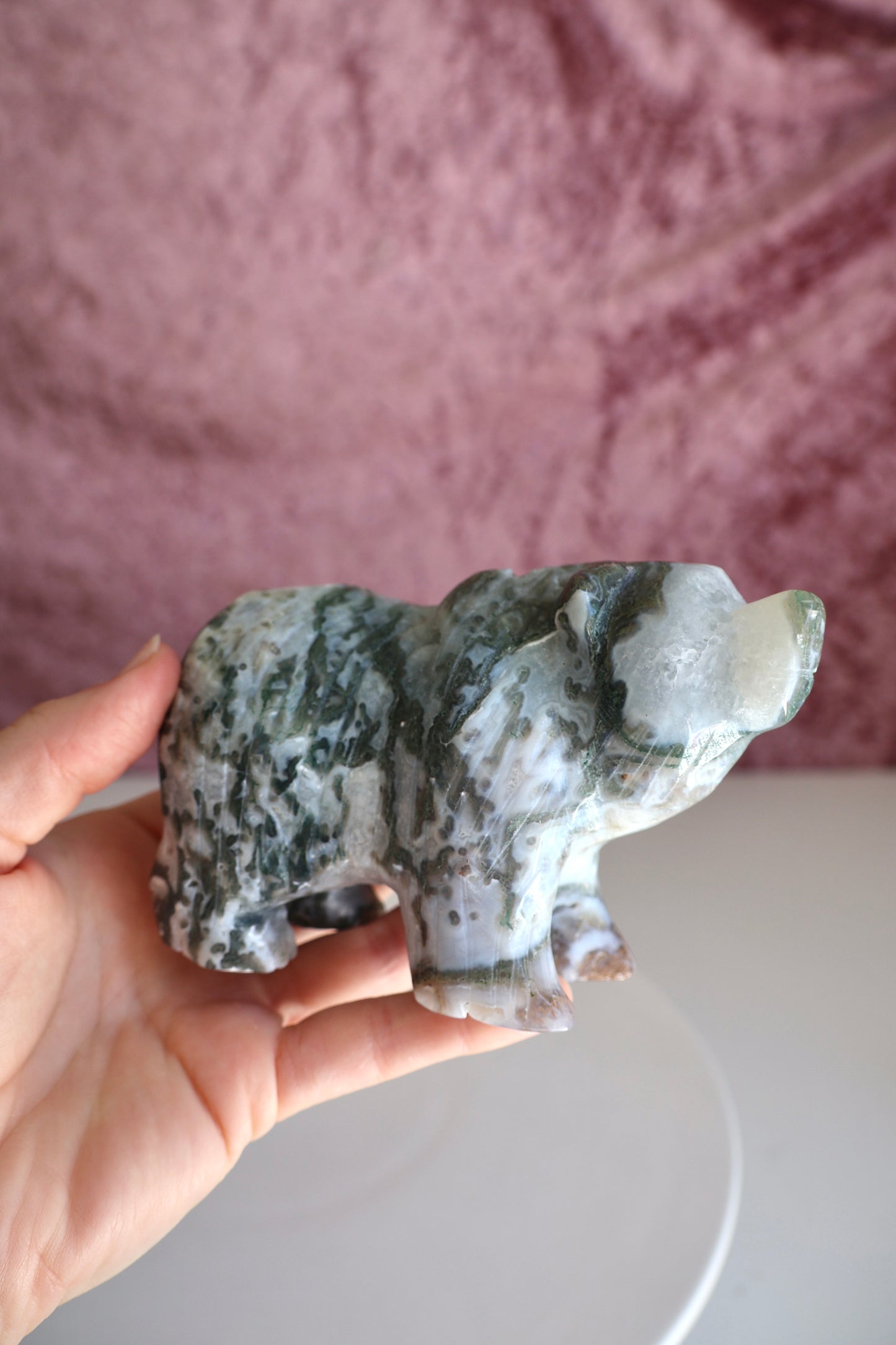 Moss Agate Bear Carving - Large - 001