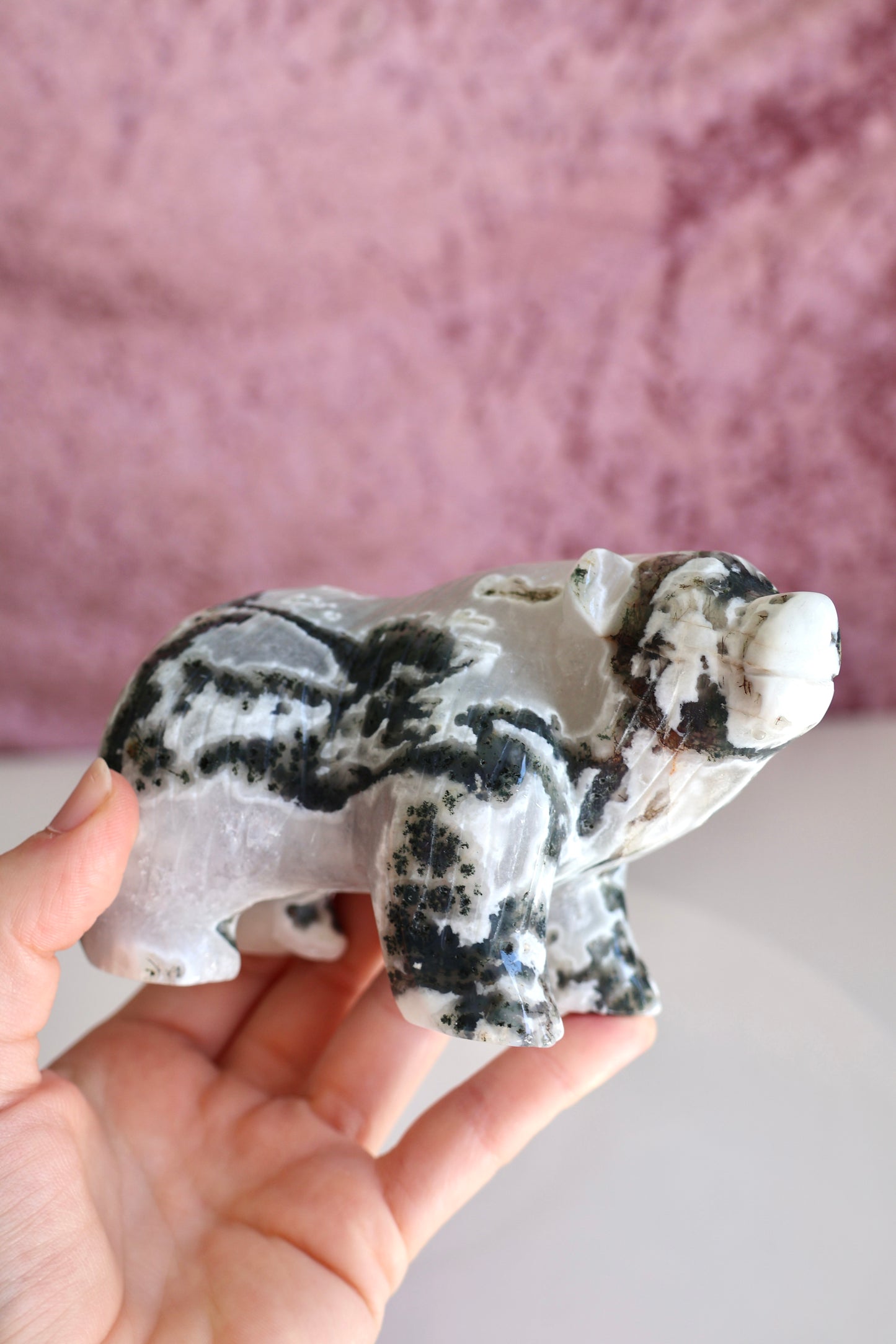 Moss Agate Bear Carving - Large - 002