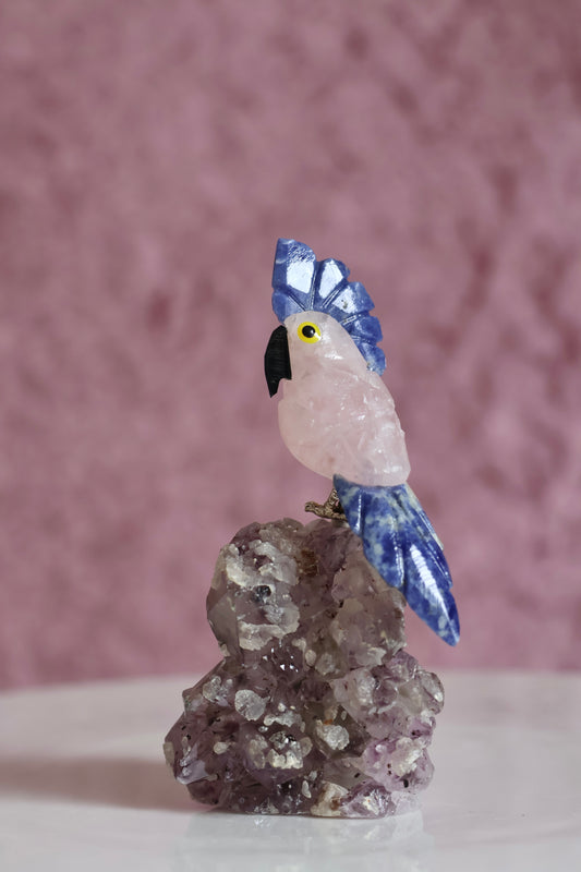 Rose Quartz Bird on Amethyst