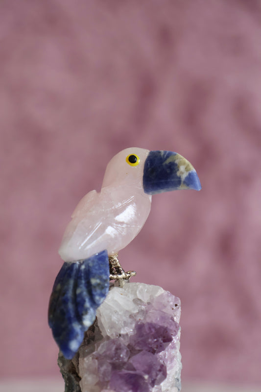 Rose Quartz Bird on Amethyst