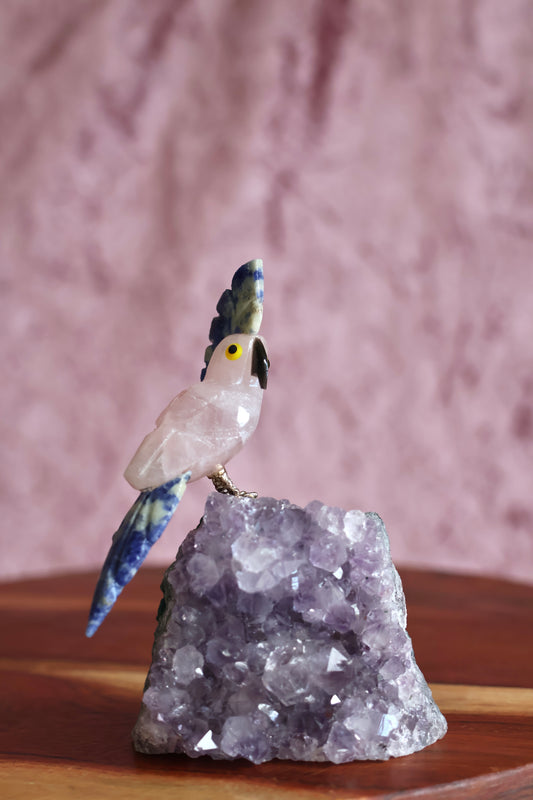 Rose Quartz Bird on Amethyst
