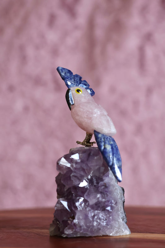 Rose Quartz Bird on Amethyst