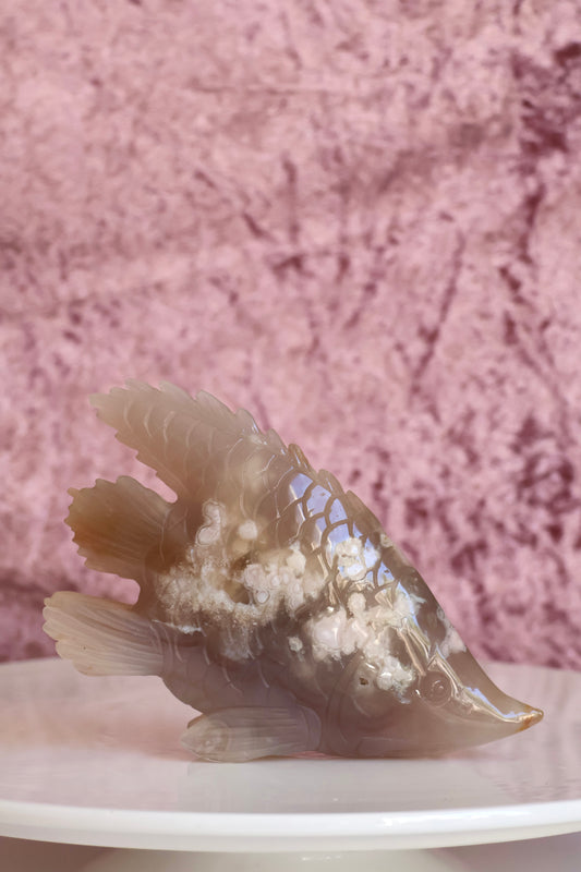 Flower agate Fish Carving - Large