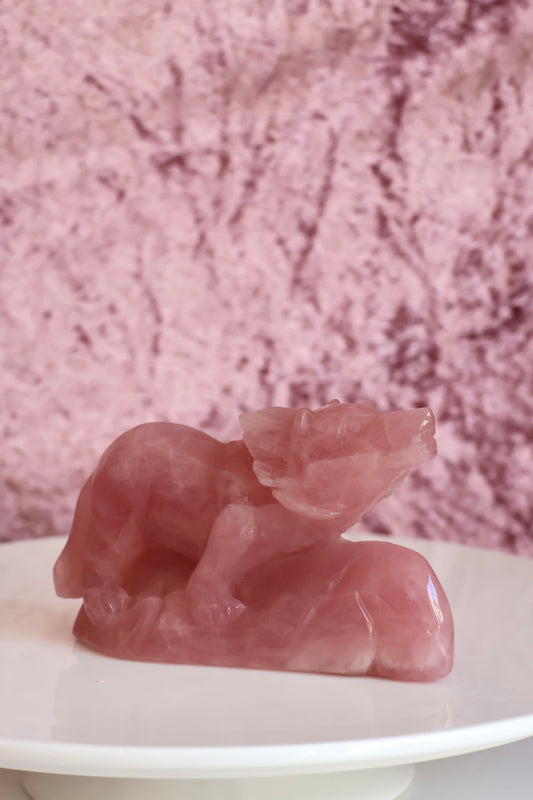 Rose Quartz Wolf Carving - Large - 002