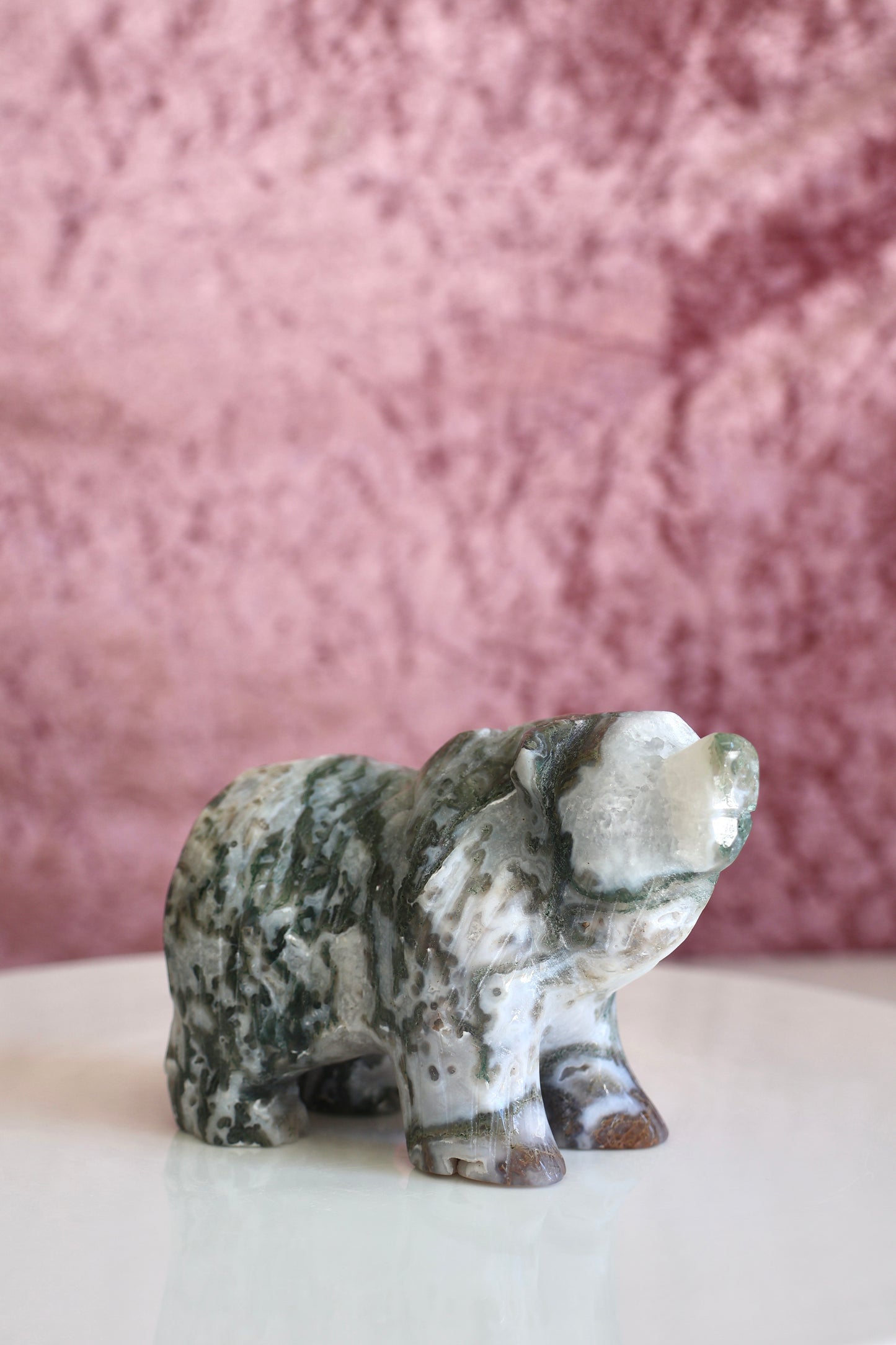 Moss Agate Bear Carving - Large - 001