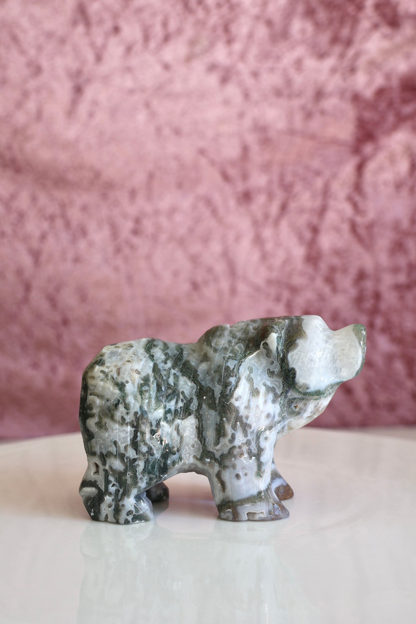 Moss Agate Bear Carving - Large - 001
