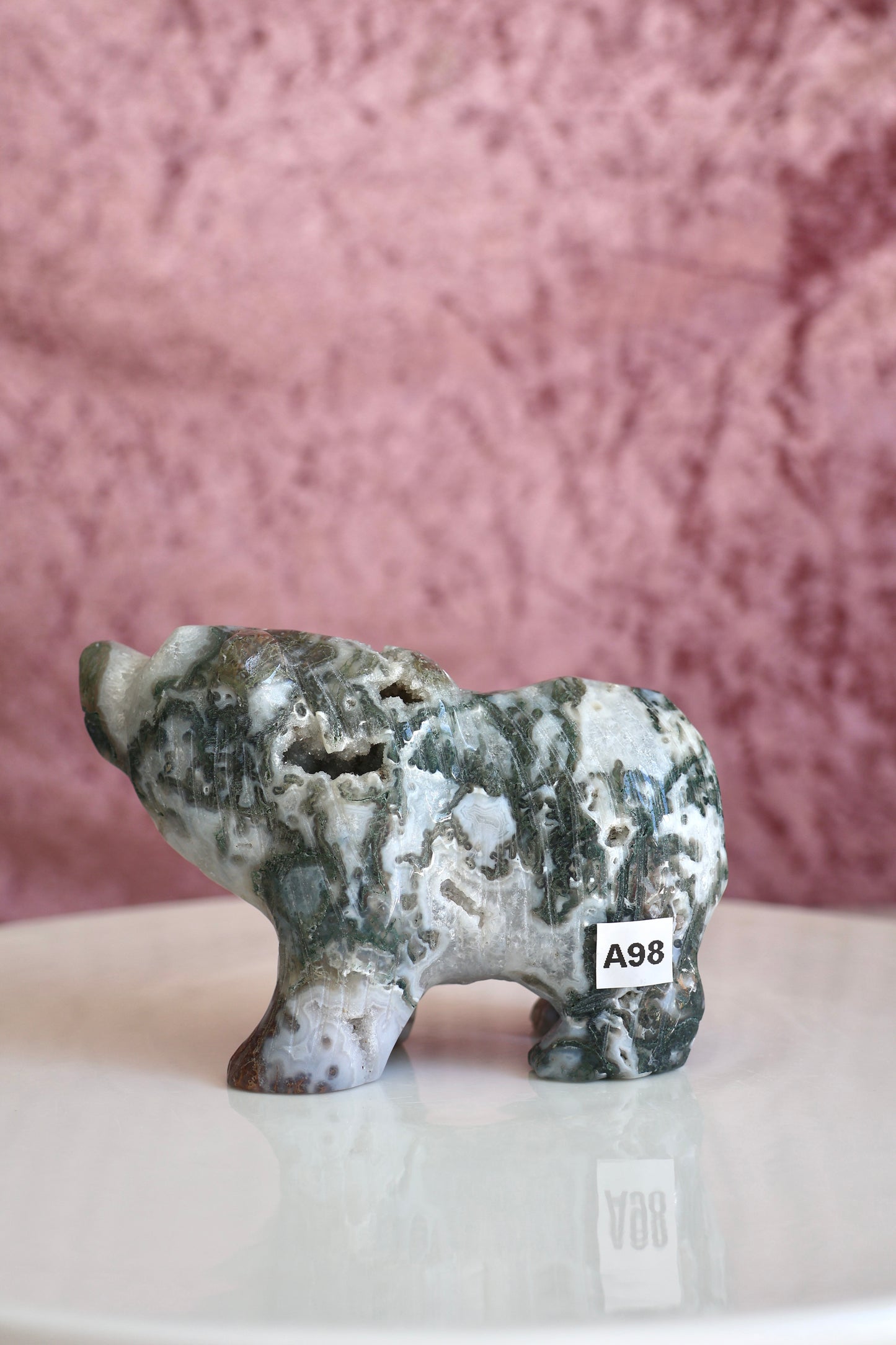 Moss Agate Bear Carving - Large - 001