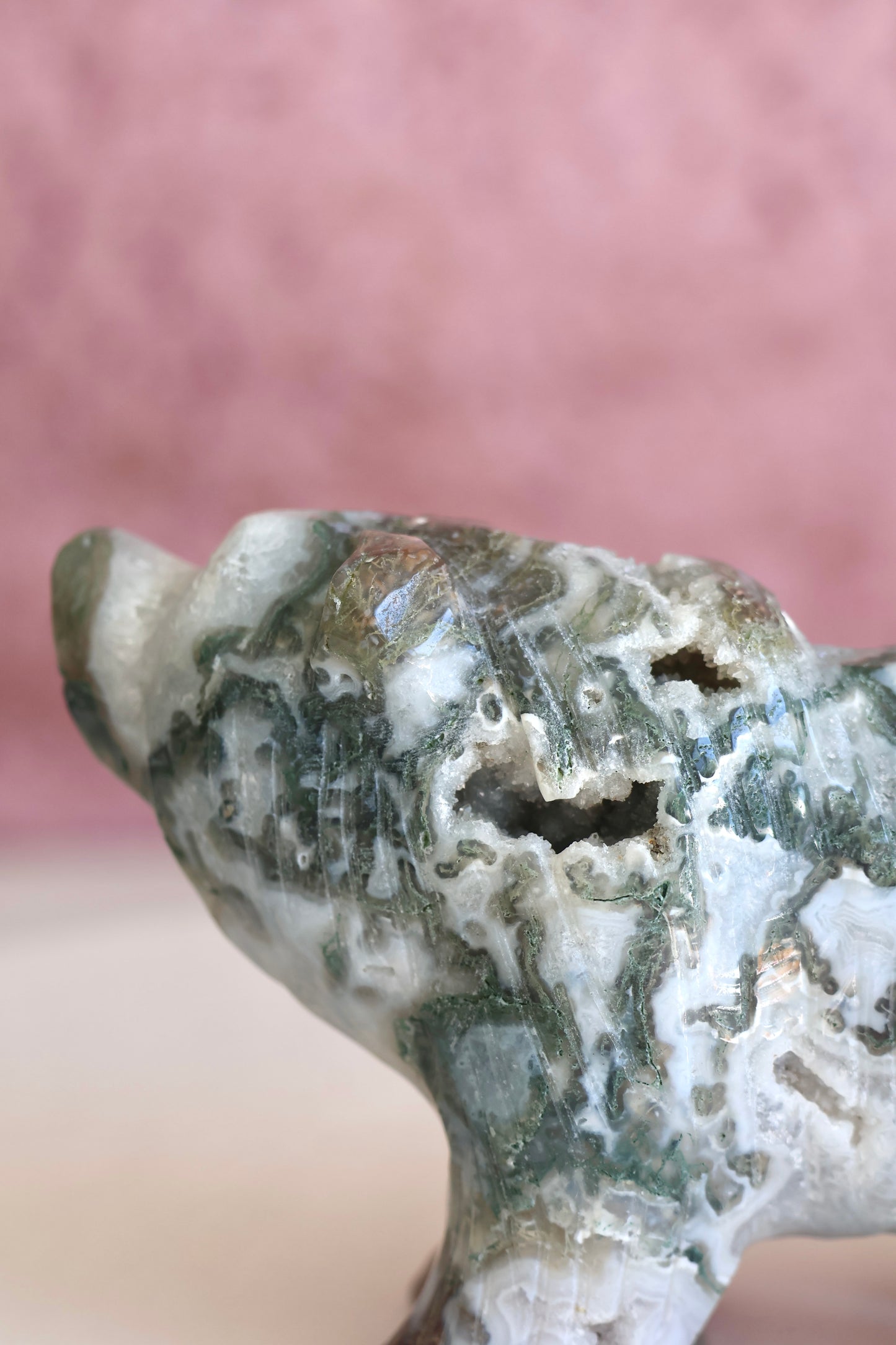 Moss Agate Bear Carving - Large - 001