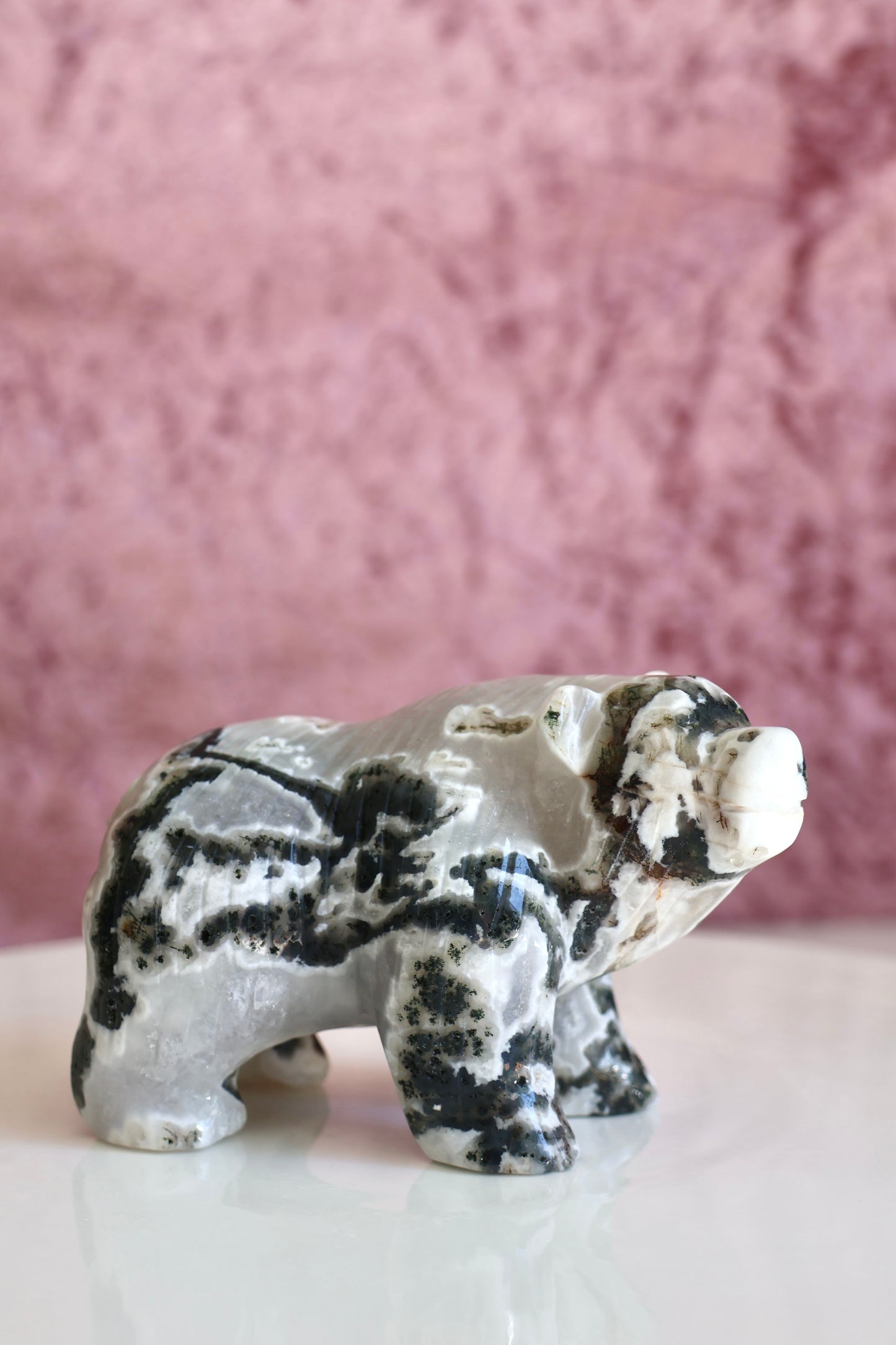 Moss Agate Bear Carving - Large - 002