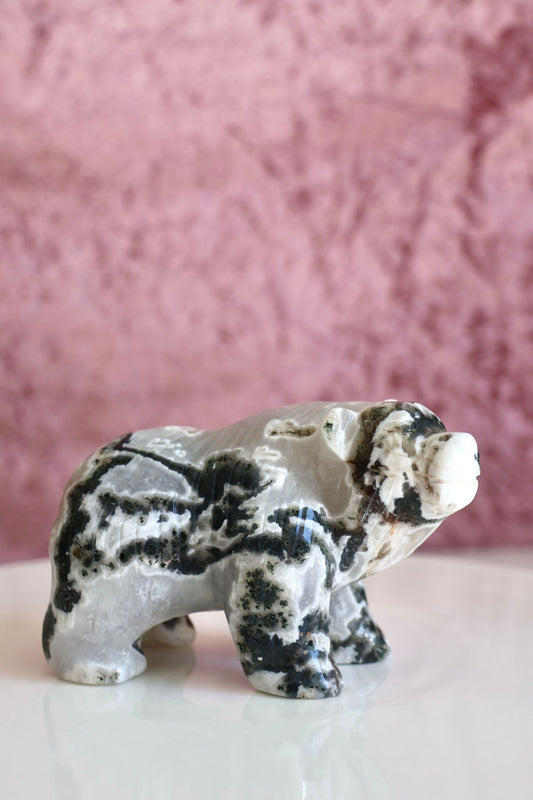 Moss Agate Bear Carving - Large - 002