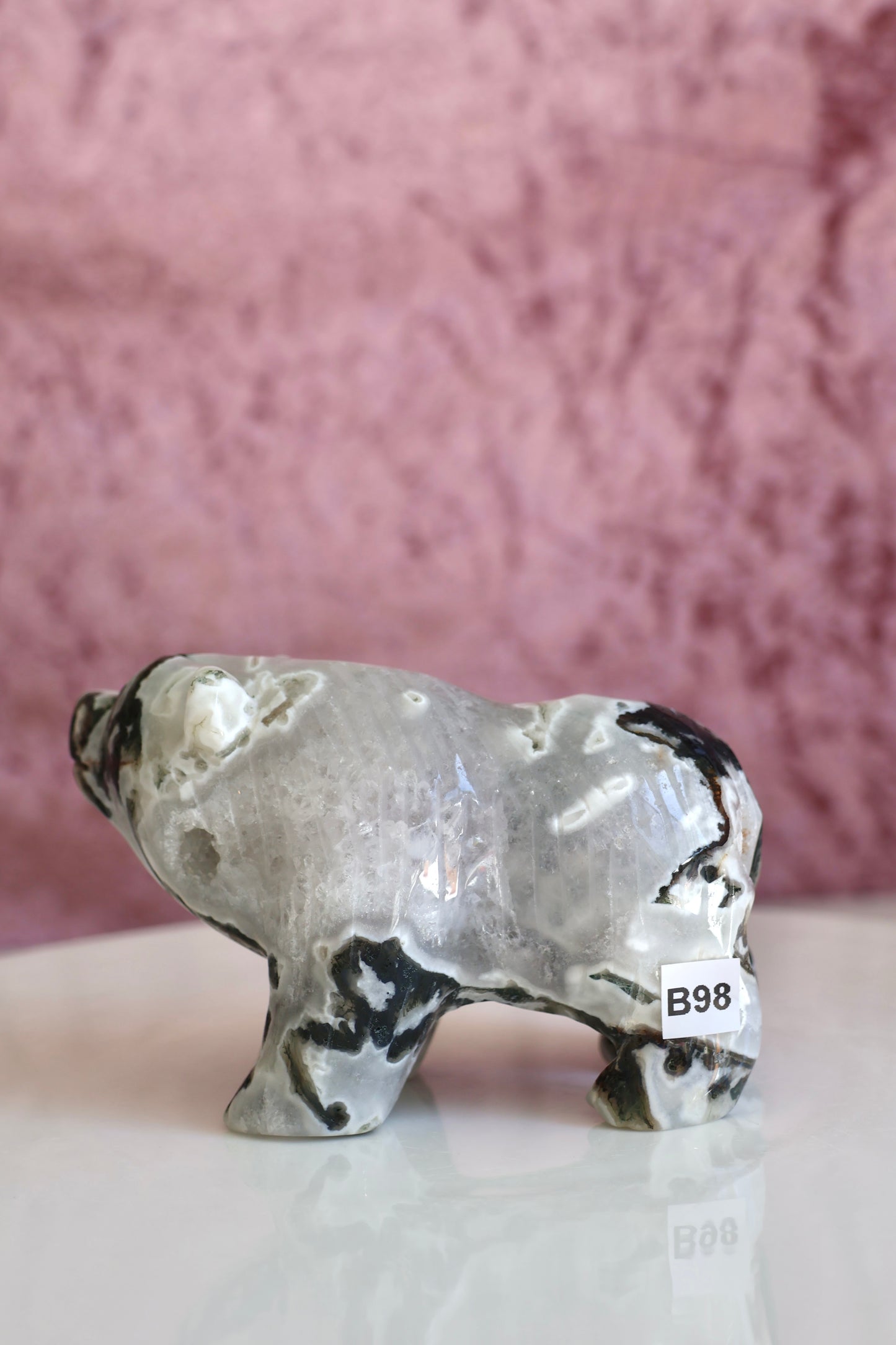 Moss Agate Bear Carving - Large - 002