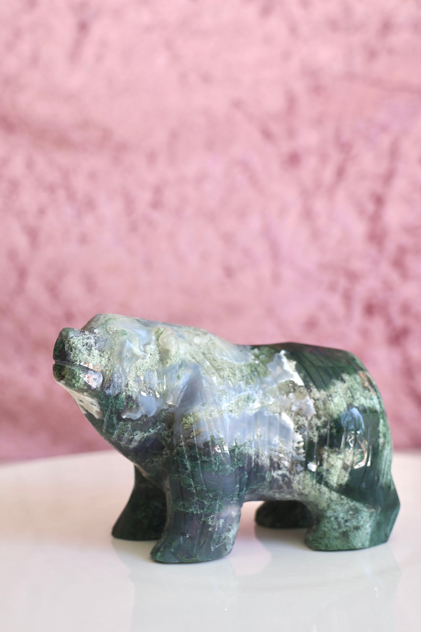 Moss Agate Bear Carving - Large - 003