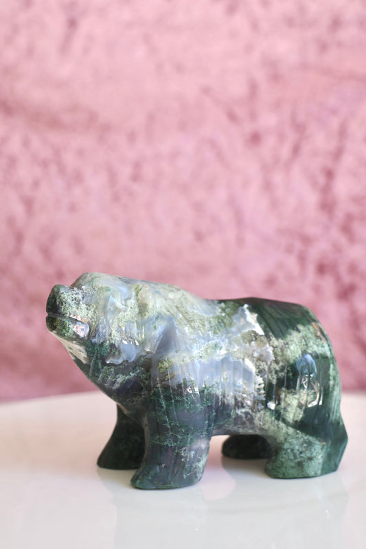 Moss Agate Bear Carving - Large - 003