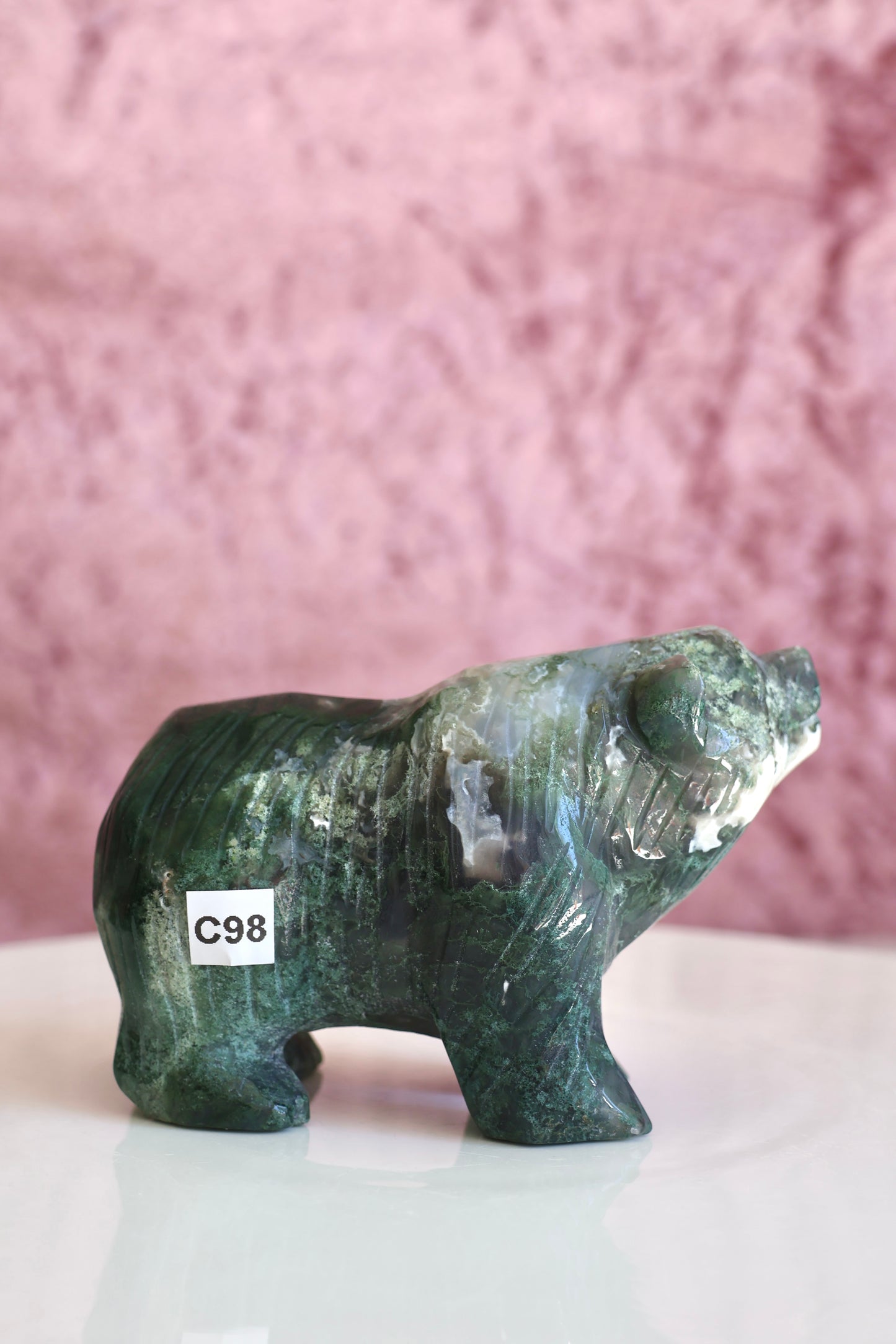 Moss Agate Bear Carving - Large - 003