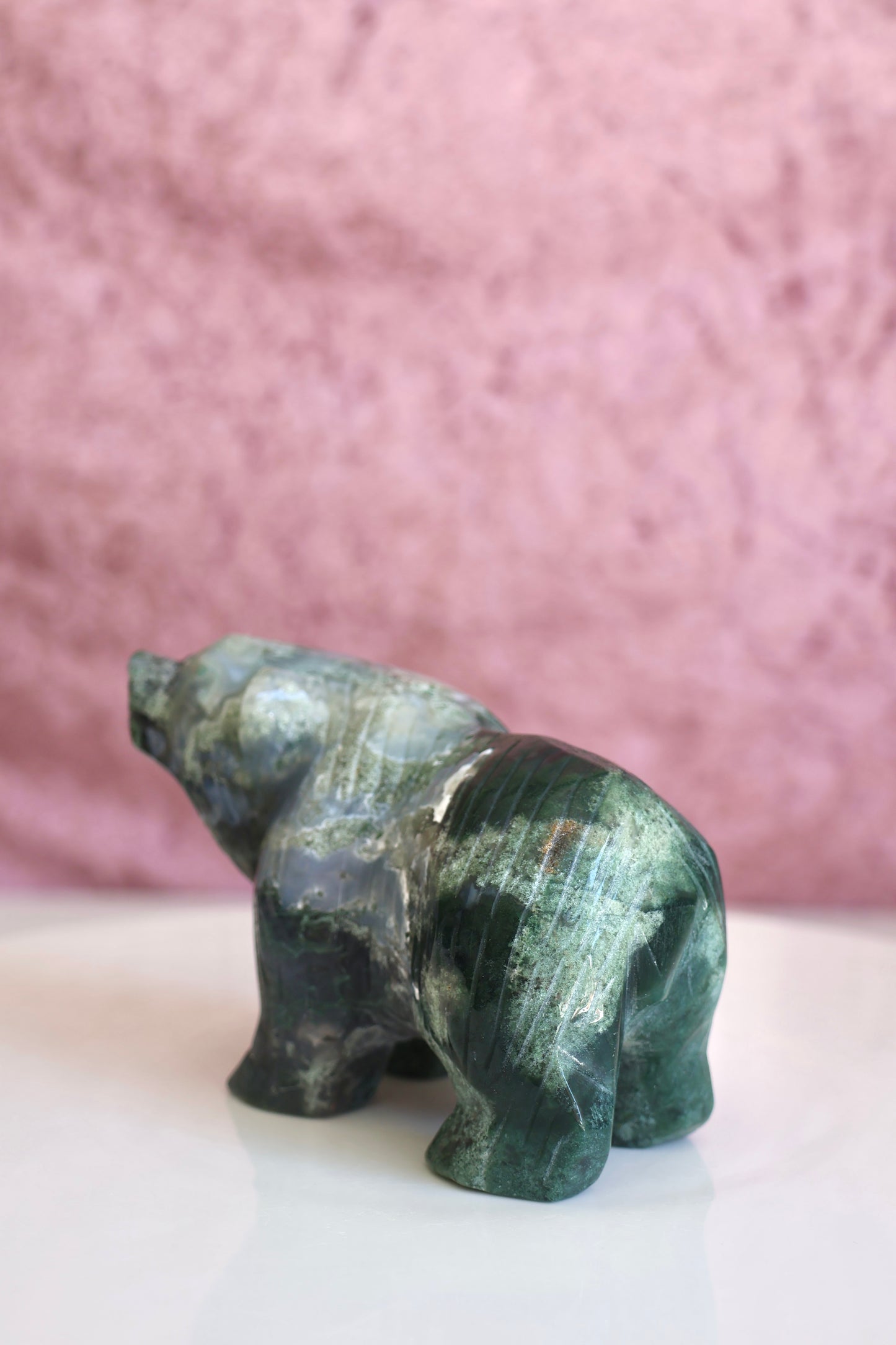 Moss Agate Bear Carving - Large - 003