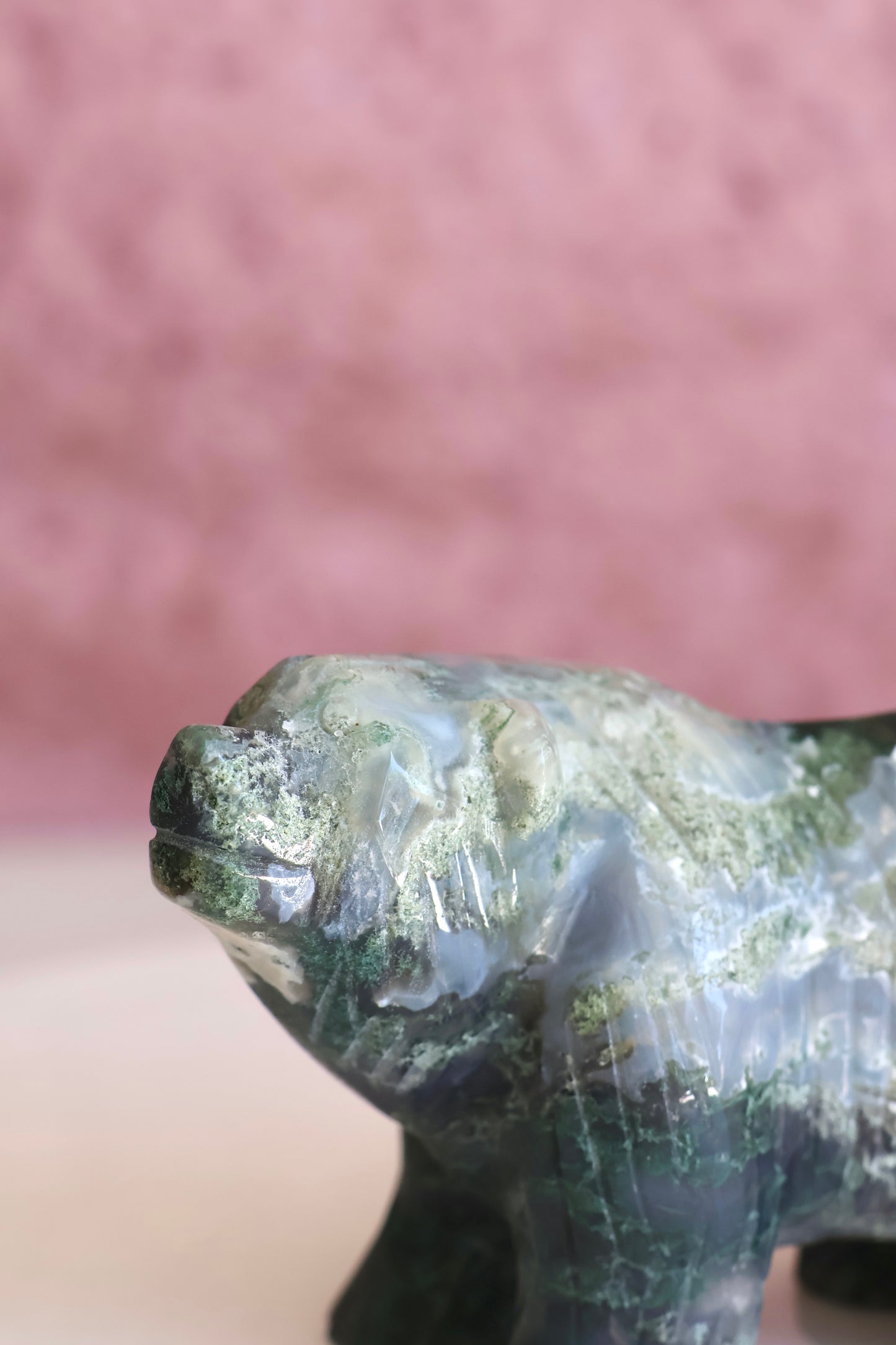 Moss Agate Bear Carving - Large - 003
