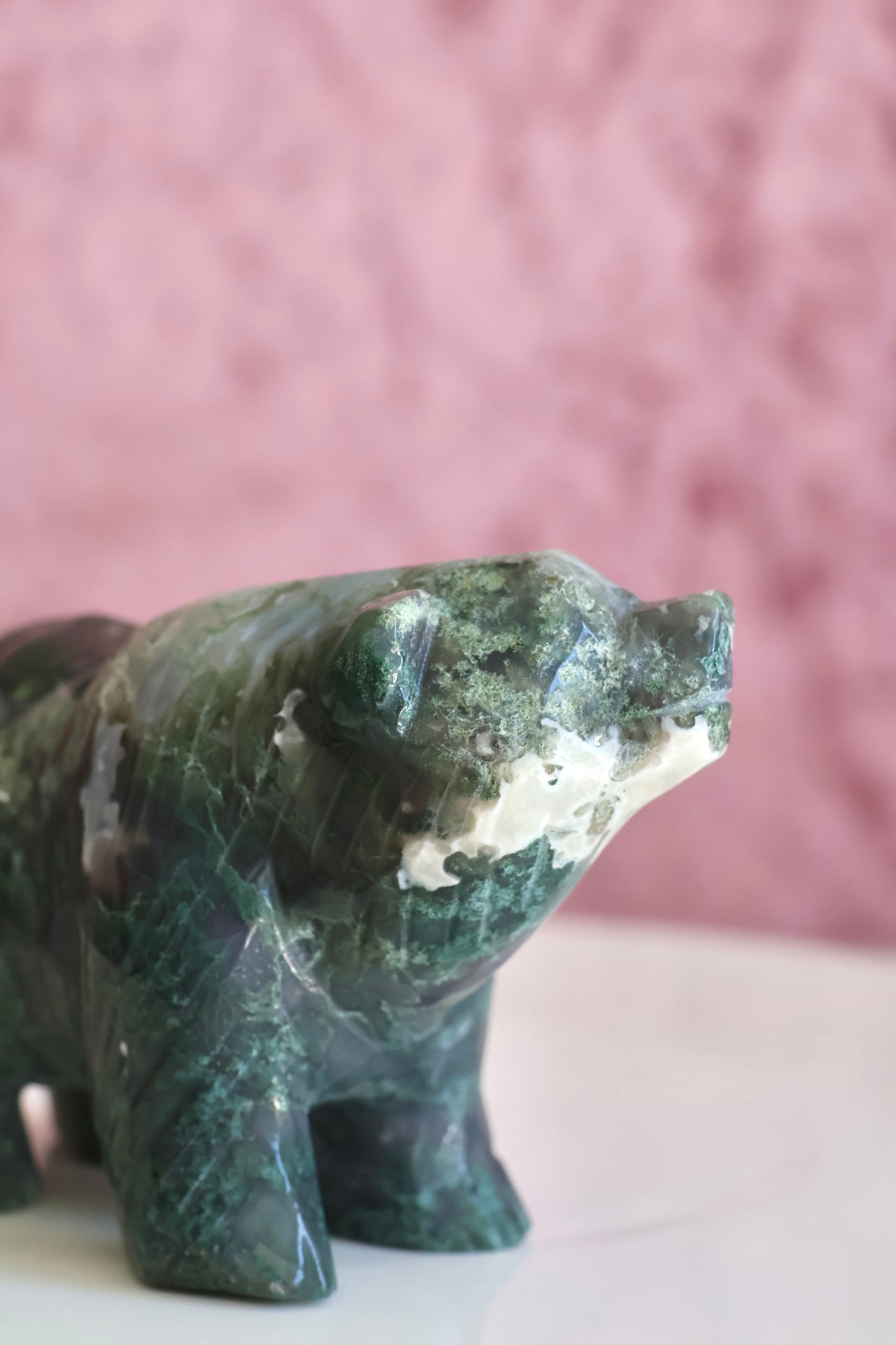 Moss Agate Bear Carving - Large - 003