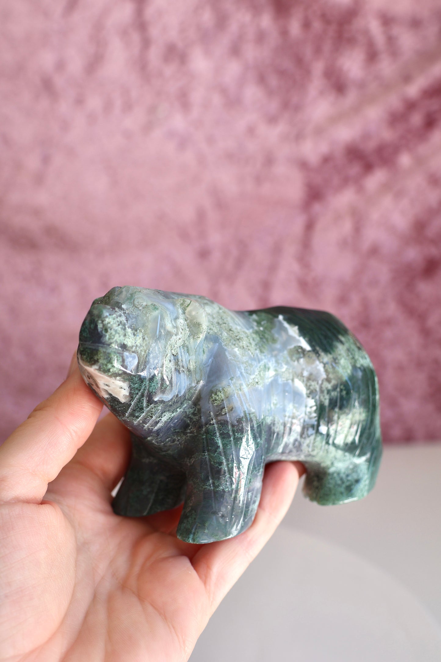 Moss Agate Bear Carving - Large - 003