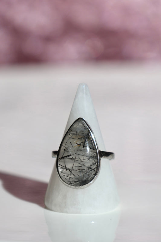 Black Rutilated Quartz Ring - Size 8