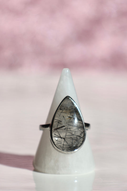 Black Rutilated Quartz Ring - Size 8