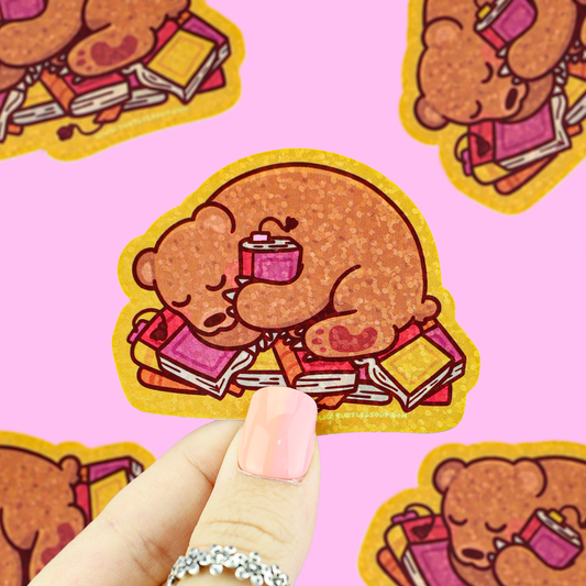 Sleepy Book Bear Glitter Vinyl Sticker